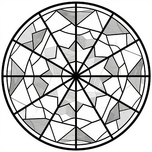 Black and white geometric mosaic circular design with irregular polygon shapes and intersecting lines, resembling a stained glass window.