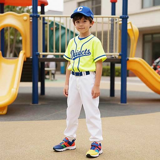Photograph of a young boy in a bright yellow Mets jersey, white pants, blue cap, and red-blue sneakers, standing in a colorful playground.