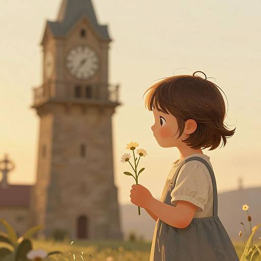 Anime-style digital drawing of a young girl with short brown hair holding a daisy, standing in a sunlit field, with a tall stone clock tower