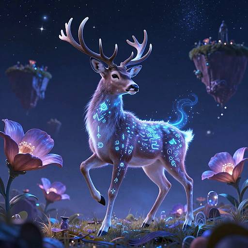 Digital art of a glowing, ethereal deer with blue neon patterns, standing in a magical forest with floating islands and luminescent flowers under a star