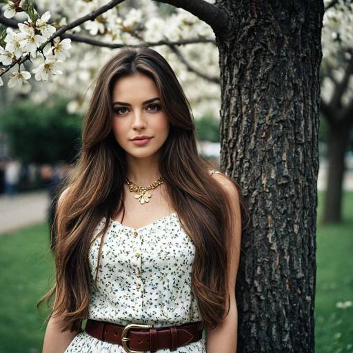 Young Woman in Floral Dress by Tree