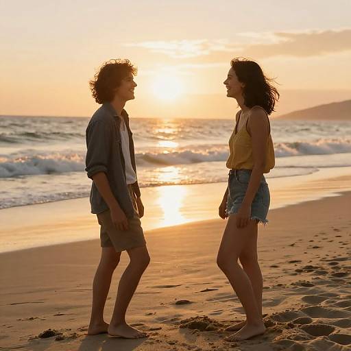 Photograph of a couple standing barefoot on a sandy beach at sunset, facing each other, with waves in the background.