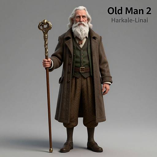 Digital CGI of an old man with a white beard, wearing a dark long coat, green vest, and kilt, holding an ornate staff.