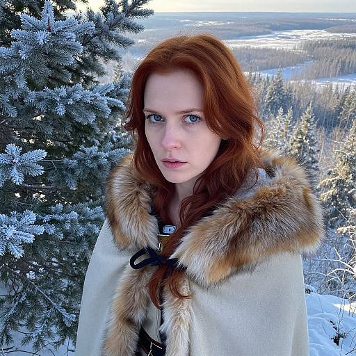 Photograph of a pale-skinned, red-haired woman with blue eyes, wearing a fur-trimmed white cloak, standing in a snowy, pine