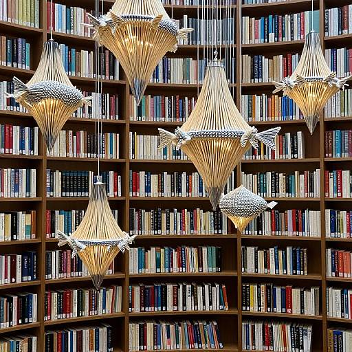 Photograph of modern hanging light fixtures shaped like starfish, illuminating a crowded wooden bookshelf filled with colorful books.