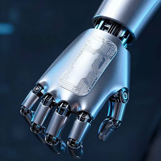 CGI image of a futuristic, metallic robotic hand with blue highlights, detailed circuitry on the palm, and visible joints, against a dark blue background