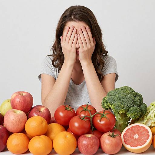 Photograph of a woman with brown hair covering her face with hands, surrounded by colorful fruits and vegetables on a white background.