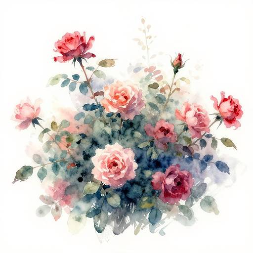 Watercolor painting of a bouquet of pink and red roses with green leaves, set against a white background.