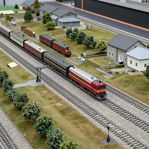 Photograph of a detailed model train set featuring a red and white locomotive, brown passenger cars, and a black freight car on parallel tracks, with