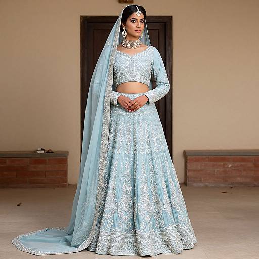 Photograph of a South Asian woman in a light blue, intricately embroidered traditional lehenga and dupatta, standing indoors against a beige wall with a