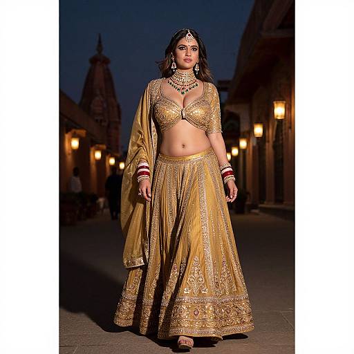 Photograph of a South Asian woman in a gold embroidered lehenga and choli, with a matching dupatta, walking down a dimly lit street