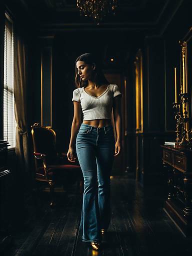 Woman in Petite Flare Jeans and White Top