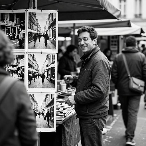 Black-and-white photograph of a smiling man in a jacket, standing at an outdoor market stall with black-and-white photo displays. Blurred pedestrians in background
