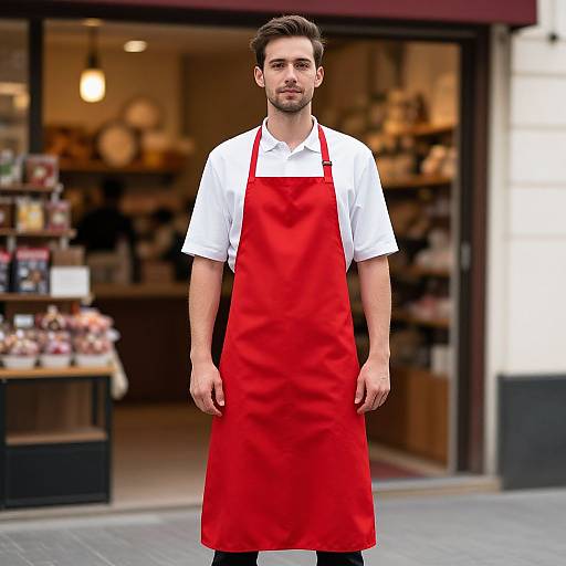 Photograph of a handsome, bearded man with short dark hair, wearing a white shirt and bright red apron, standing in front of a cozy