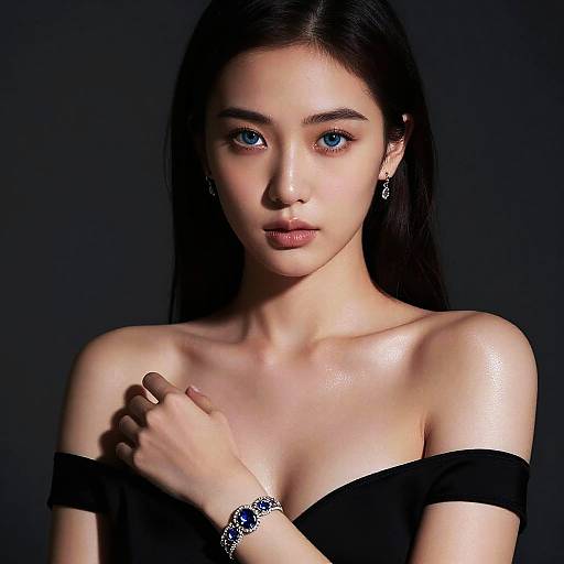 Photograph of an East Asian woman with long black hair, blue eyes, and fair skin, wearing an off-shoulder black top, silver earrings