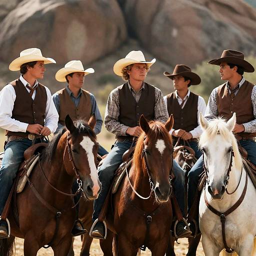 Serious Cowboys on Horses in Sunlight