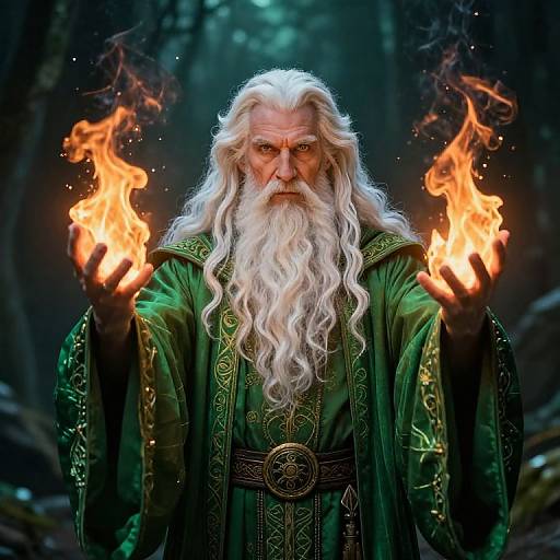 Photograph of a white-bearded wizard with long, flowing hair, wearing a green, ornate robe, holding glowing orange fire in both hands,