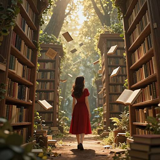 Photograph-style digital art: A girl in a red dress, with long dark hair, stands in a sunlit, vine-covered library aisle, surrounded