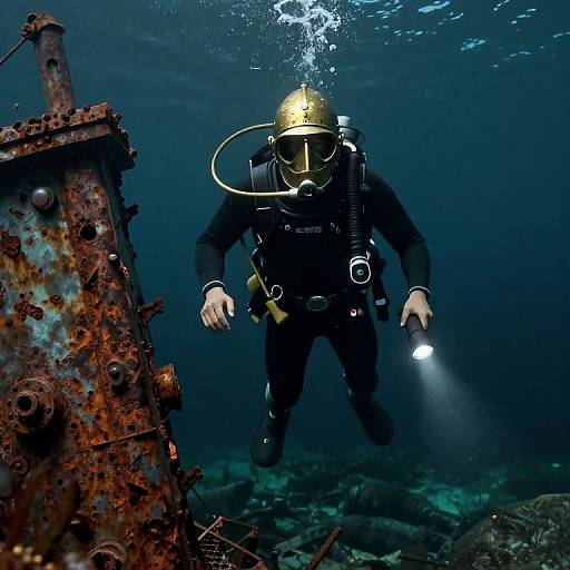 Photograph of a scuba diver in black gear with a yellow helmet, holding a flashlight, exploring a rusty underwater shipwreck.
