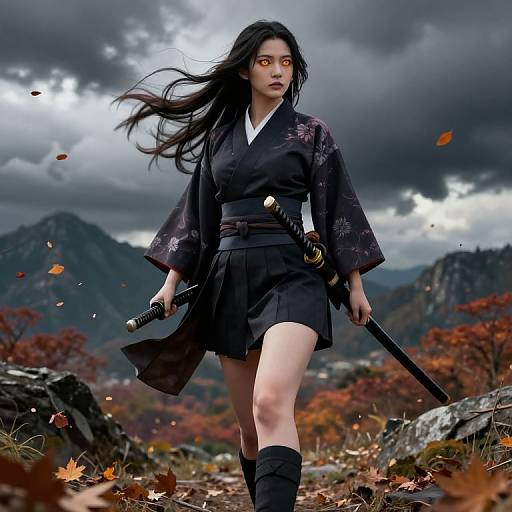 Digital artwork of a fierce Asian woman with long black hair, glowing red eyes, wearing a black kimono, holding a katana, standing in a