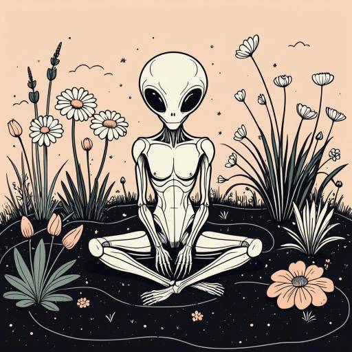 Minimalist Alien Sitting Among Flowers