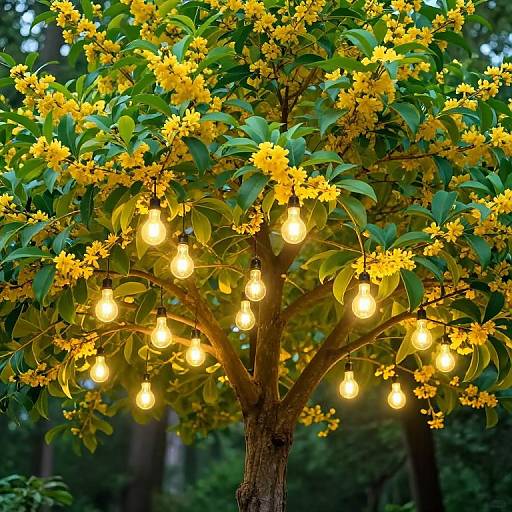 Photograph of a tree with bright yellow flowers and glowing light bulbs hanging among the leaves, set against a dark forest background.