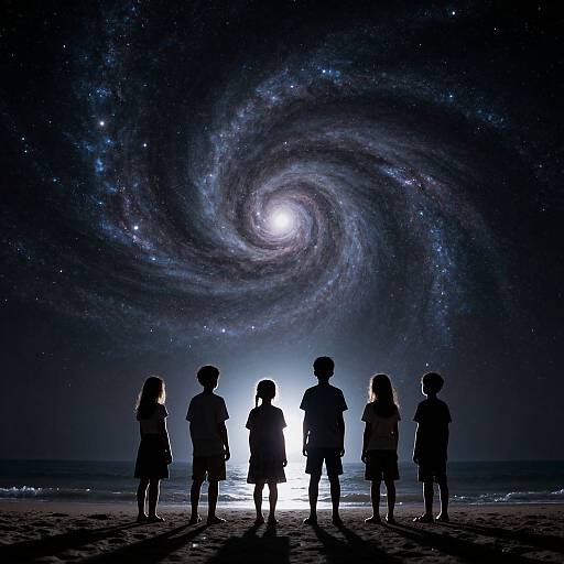 Silhouetted children stand on a beach, gazing at a glowing, swirling galaxy in a starry night sky. Digital art.