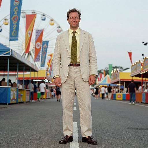 Photograph of a man in a white suit, green tie, and brown shoes standing confidently in a colorful, bustling fairground.