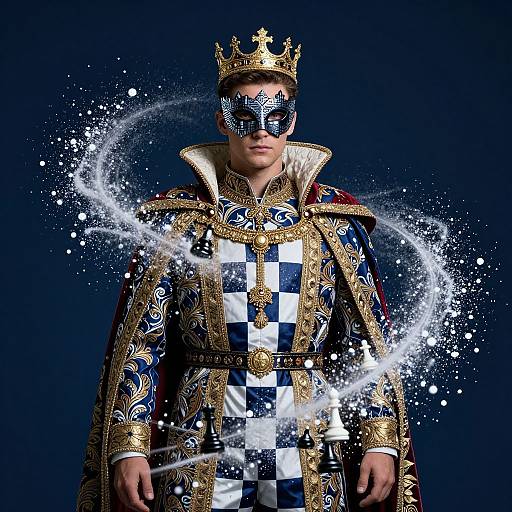 Regal Chessboard King with Mystical Mask