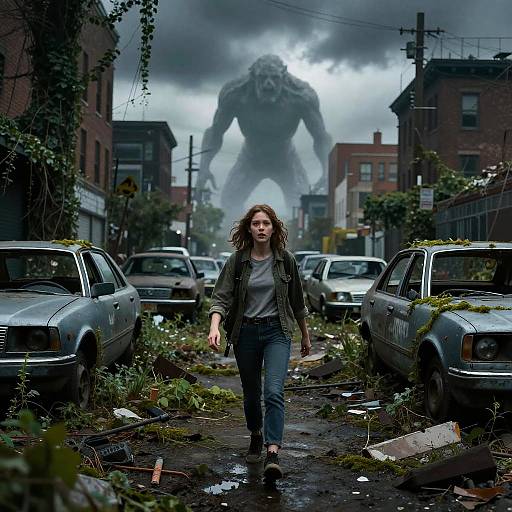 Photograph-like CGI of a scared woman in jeans and jacket walking down a deserted, overgrown, rain-soaked street, with a giant, shadow