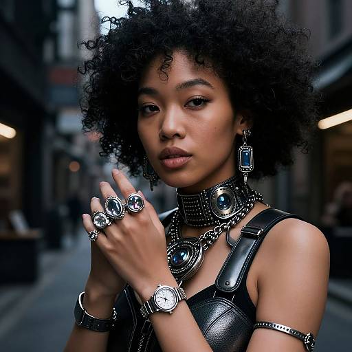 Afro-Asian Cyborg Jeweler in Cyberpunk Alley