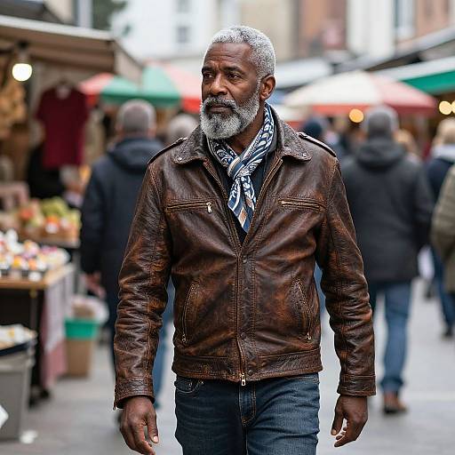 Photograph of an older Black man with a gray beard and short gray hair, wearing a brown leather jacket and patterned scarf, walking in a bustling