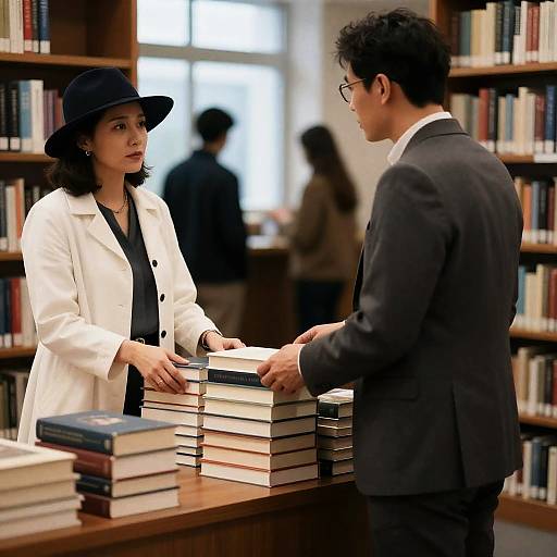 Quiet Library Scene with Engaged Figures