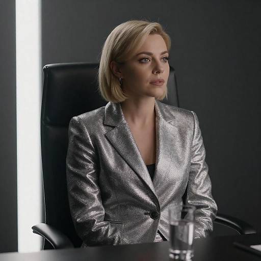 Blonde Short-Haired Woman in Silver Blazer