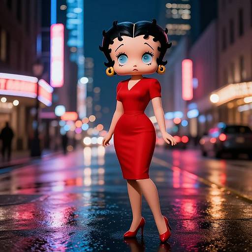 CGI cartoon-style woman with black hair, blue eyes, in a red dress and heels, standing on a neon-lit, rainy city street.