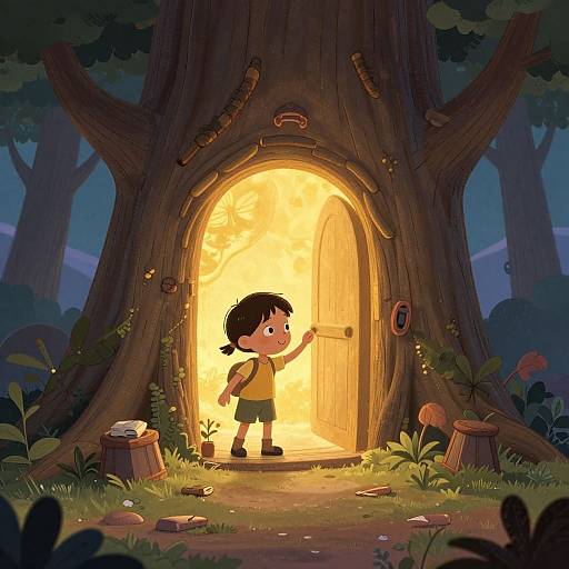 Digital illustration of a young boy with black hair, yellow shirt, and green shorts, stepping through a glowing wooden door in a giant tree, surrounded by