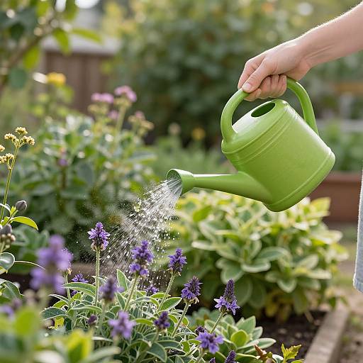 Woman Watering Vibrant Garden Plants