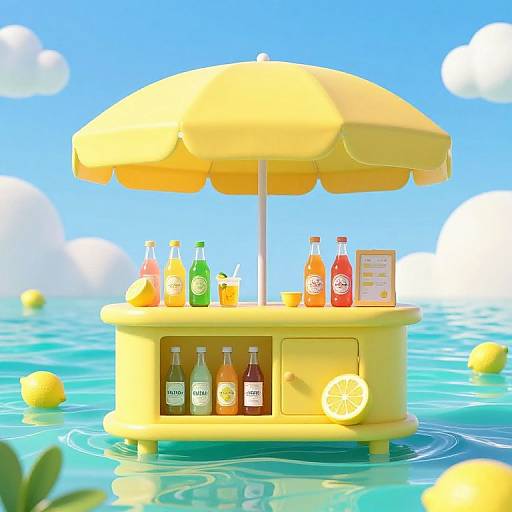 Digital illustration of a yellow beachside drink stand with umbrella, various colorful bottles, lemon slice, and menu, floating in turquoise water with lemons and