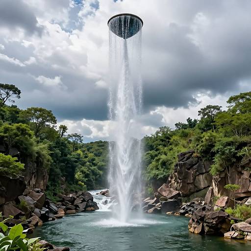 Photograph of a tall, circular waterfall pouring from a black disk into a turquoise pool, surrounded by lush green trees and rocky cliffs under a partly cloudy