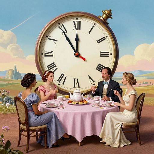 Photograph-style digital art of four elegantly dressed people, seated around a pink table, with a giant clock behind them, enjoying tea in a whims