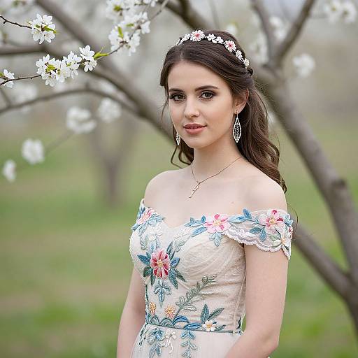 Young Woman in Floral Embroidered Gown