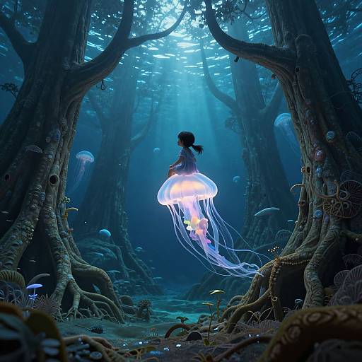 Child Riding Luminous Jellyfish Underwater