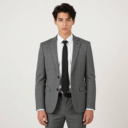 Photograph of a young man with dark hair, wearing a gray suit, white shirt, and black tie, standing against a plain white background.