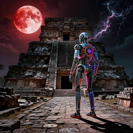 Cyborg robot with glowing blue and purple lights stands on ancient stone temple steps under a red moon and lightning.