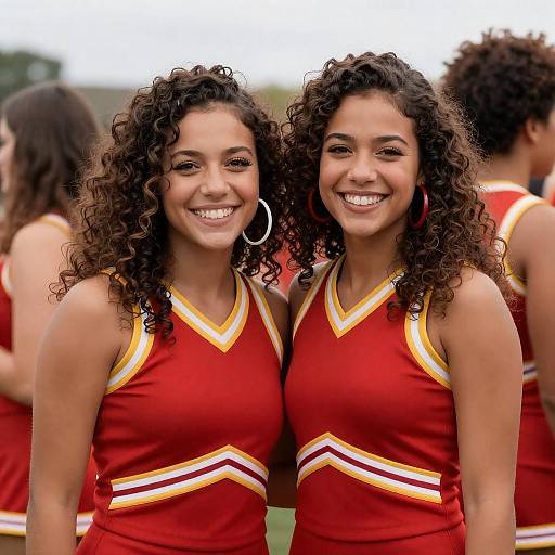 Two Cheerleaders Smiling in Red and Yellow Uniforms