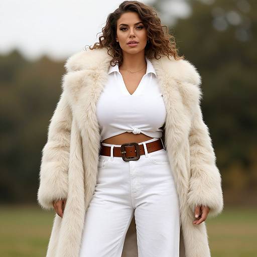Photograph of a confident woman with curly brown hair, wearing a white button-up shirt, white pants, brown belt, and a luxurious white fur coat