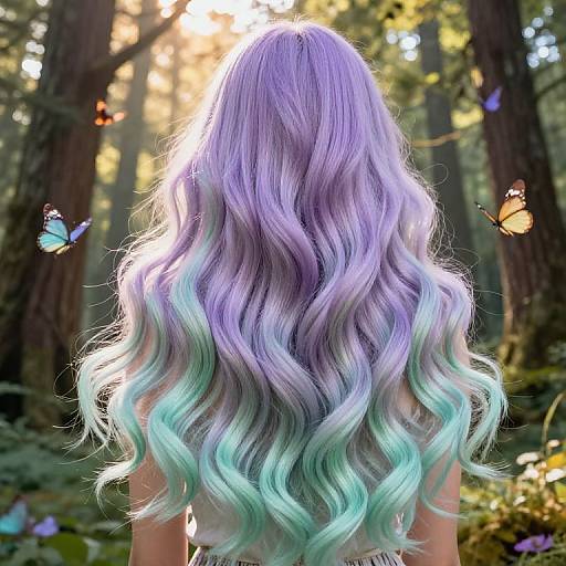Photograph of a person with long, wavy, pastel purple to turquoise ombre hair, back facing, surrounded by forest sunlight and colorful