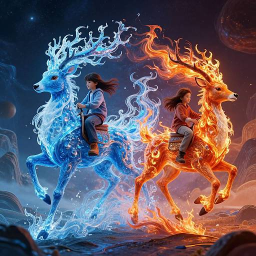 Digital art: Two Asian girls ride ethereal fire and water deer, their vibrant blue and orange flames contrasting against a cosmic backdrop.