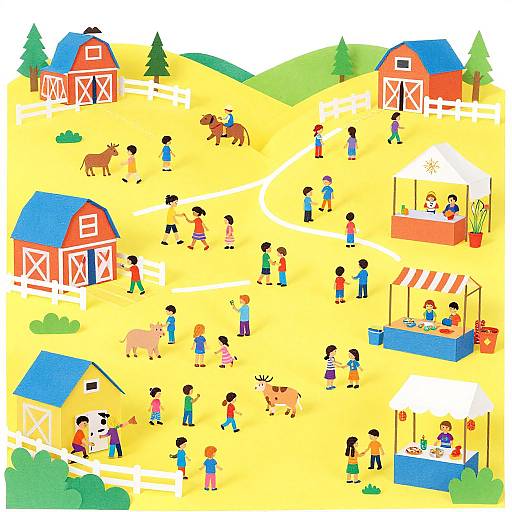 Colorful digital illustration of a bustling farmyard with red barns, various animals, children, and market stalls on a sunny yellow field.