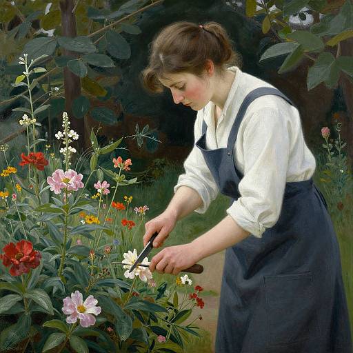 Photograph of a young woman with brown hair, wearing a white blouse and black apron, tending to a colorful garden with pink, white,
